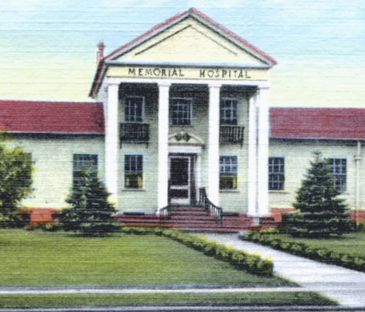 Historic illustration of Norwalk Memorial Hospital, a white colonial-style building with columns and red roof