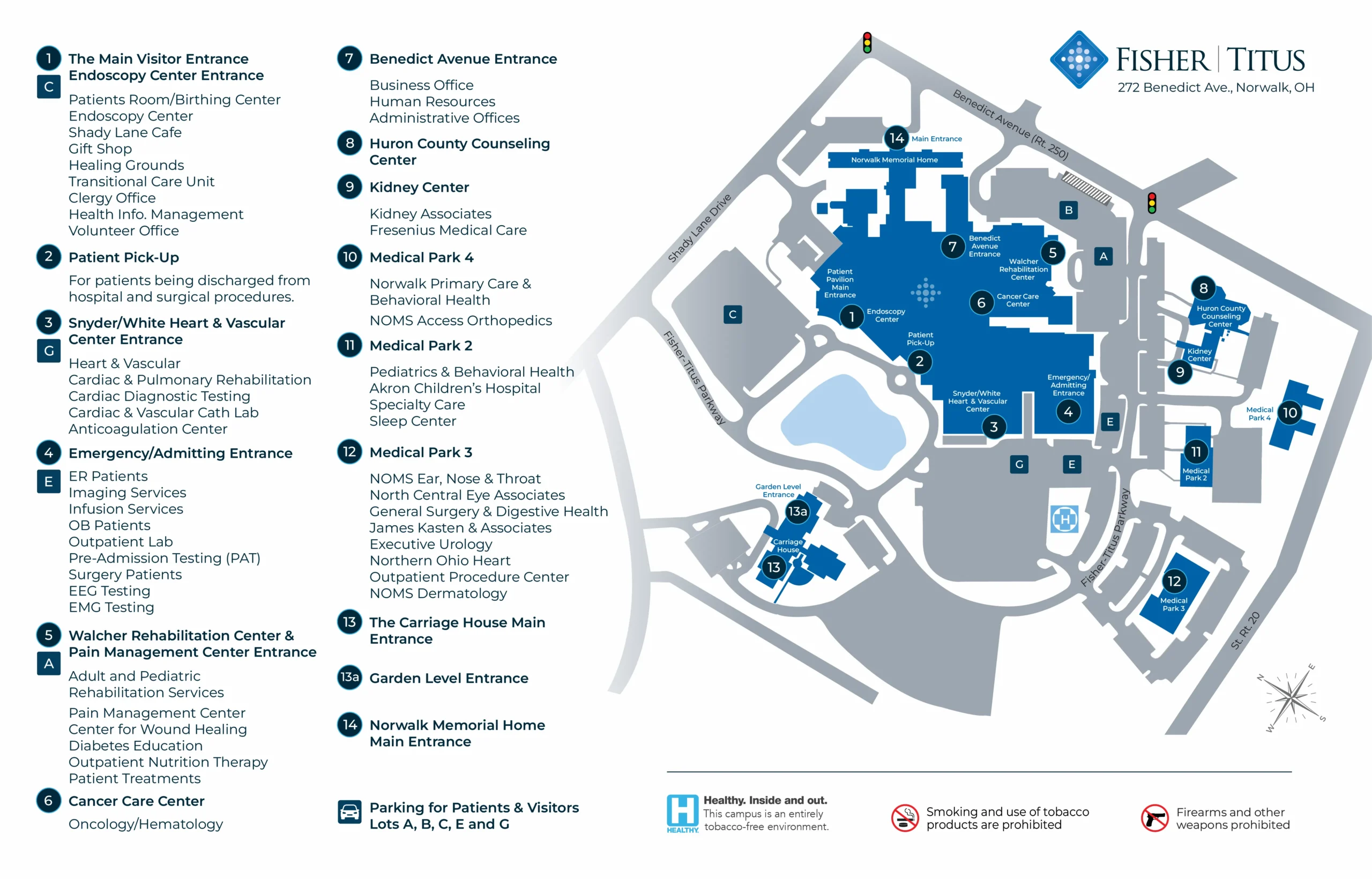Fisher-Titus Medical Center campus map showing building entrances and parking at 272 Benedict Ave., Norwalk, OH
