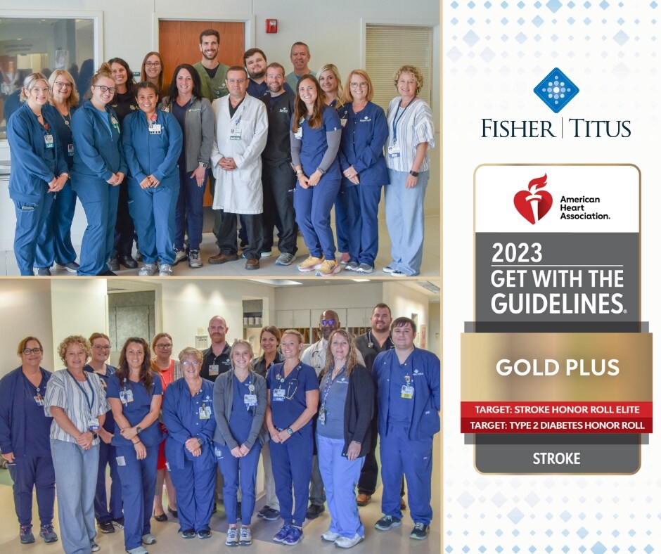 Two group pictures including staff from various Fisher-Titus departments representing those responsible for stroke care are located next to the Fisher-Titus logo and a an emblem from the American Heart Association with the deisgnation of Gold Plus in the 2023 Get With The Guidelines - Stroke program.